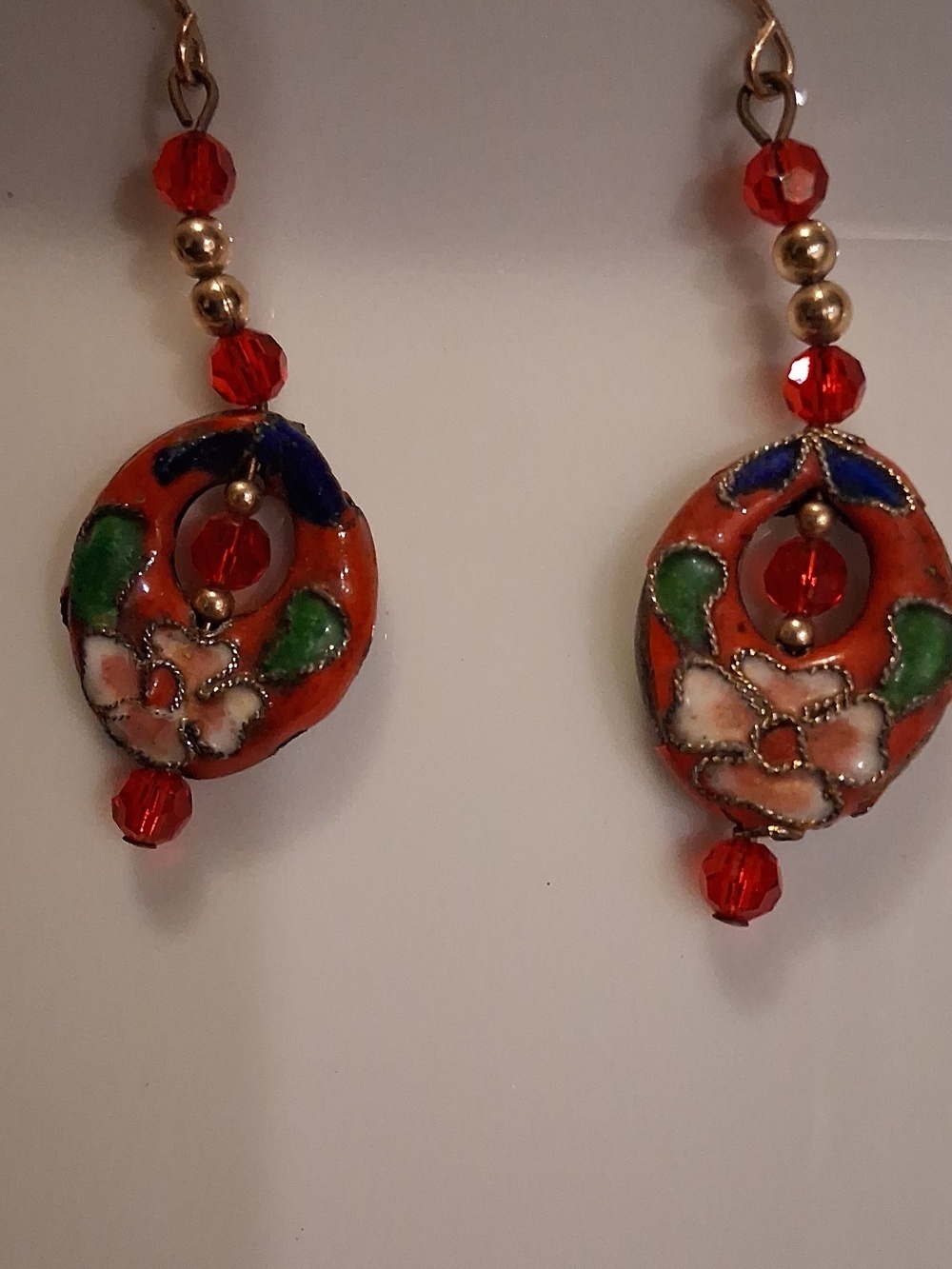 Red Floral Cloisonné Drop Earrings with Gold-Tone Accents